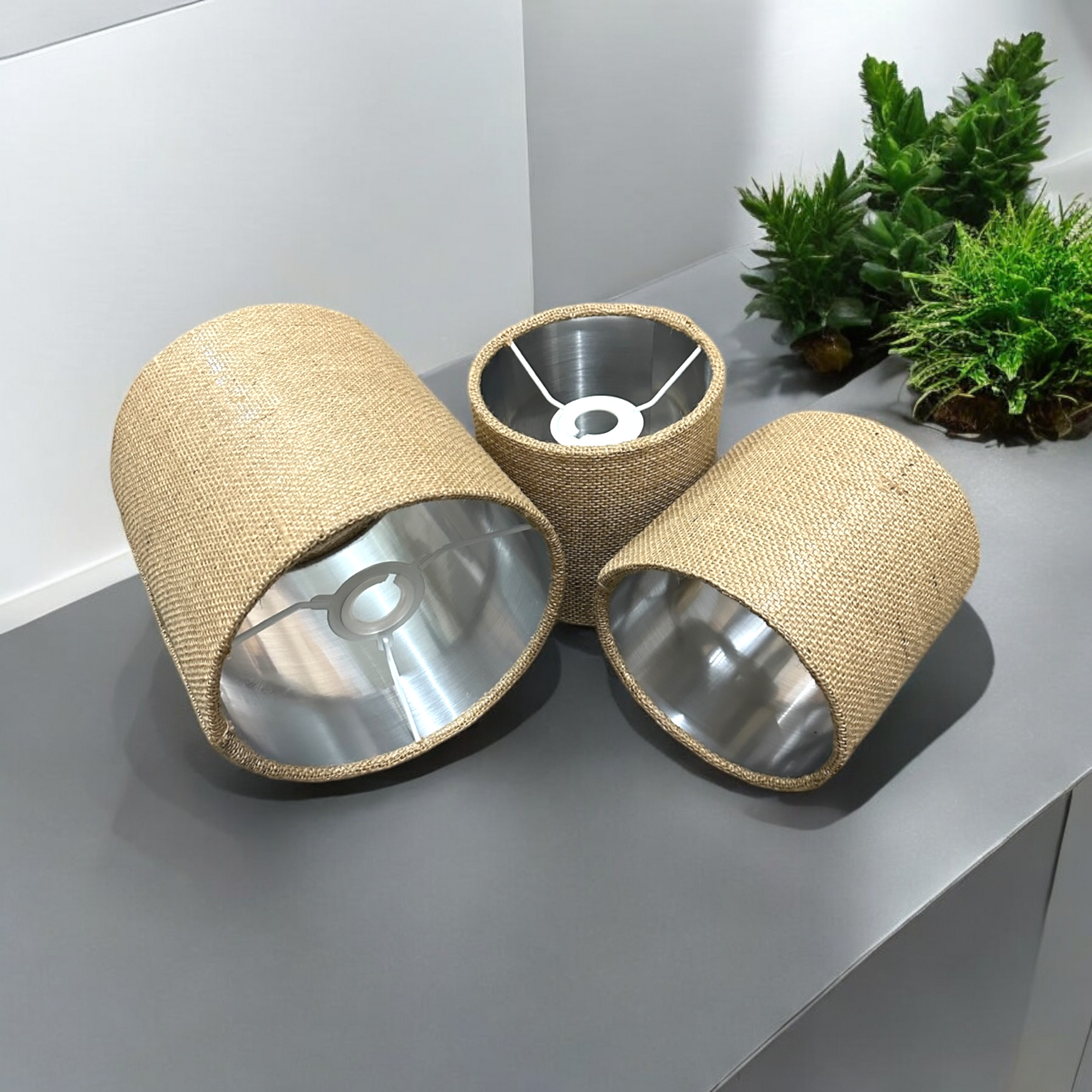 Natural hessian Light shades for ceiling , table and floor drum lampshade With Gold, Silver and Copper lining.