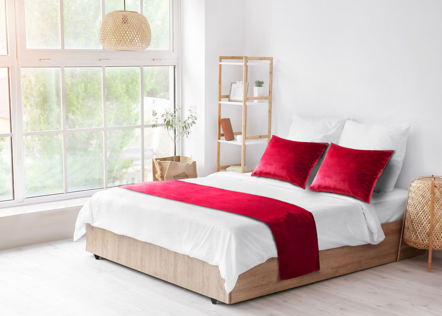 Red Double-Sided Plush Velvet Bed Runner / Bed Throw / Bed Scarf – Luxury Fabric for Home or Hotel Use.